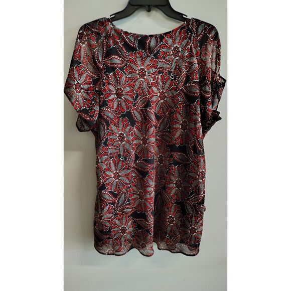 Roz&Ali Women's 1X Black, Red, and White Floral Polka Dot Cold Shoulder Blouse - Picture 2 of 7